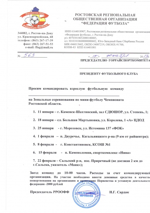 Вызов на Зональные соревнования по мини-футболу чемпионата Ростовской области